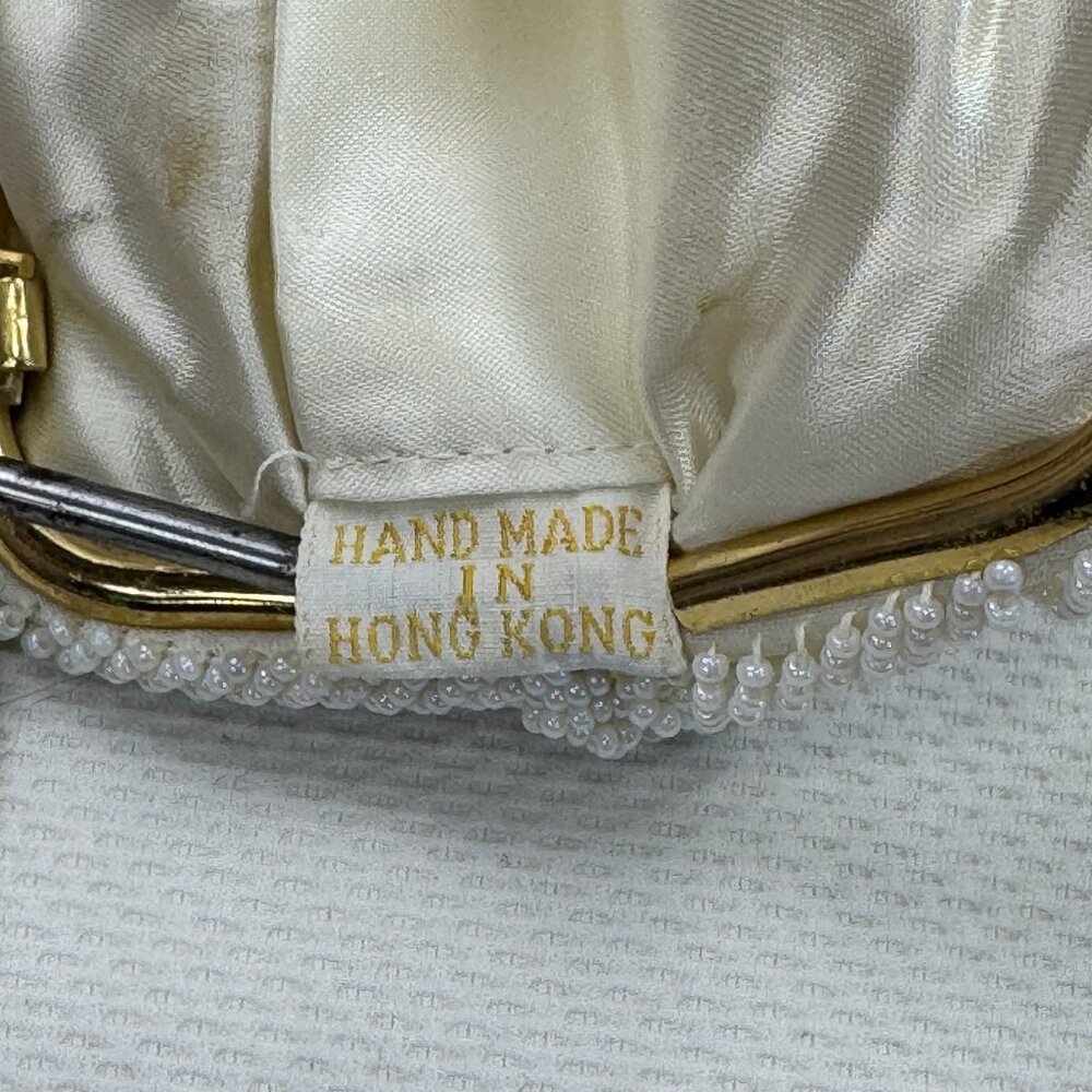 Vintage Womens White Beaded Geometric Floral Evening Bag Small Clutch Purse HK - Picture 7 of 12